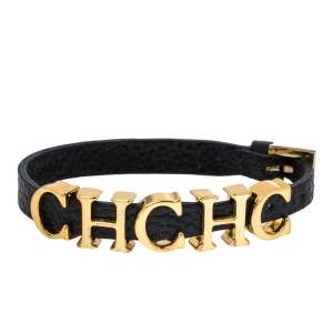 Pre Owned Carolina Herrera Black Leather Logo Charms Adriana Bracelet