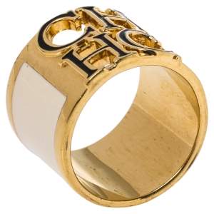 Pre Owned CH Carolina Herrera Cream Enamel Wide Band Ring Size EU 56