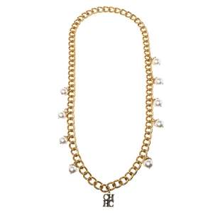 Pre Owned Carolina Herrera Faux Pearl Long Chain Link Necklace