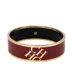 Pre Owned CH Carolina Herrera Red Enamel Gold Tone Wide Bangle Bracelet