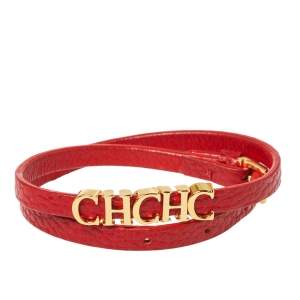 Pre Owned Carolina Herrera CH Logo Gold Tone Red Leather Double Wrap Bracelet