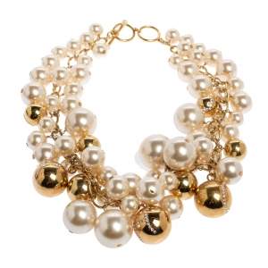Pre Owned CH Carolina Herrera Crystal Metal Bead and Faux Pearl Cluster Toggle Necklace