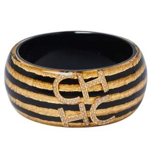 Pre Owned CH Carolina Herrera Faux Pearl Black and Gold Tone Resin Wide Bangle