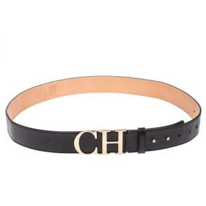 Pre Owned Carolina Herrera Black Leather CH Buckle Belt 95 CM