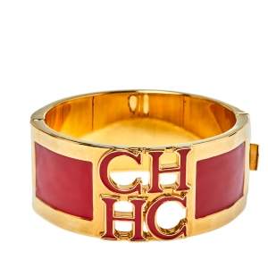 Pre Owned CH Carolina Herrera Red Enamel Logo Gold Tone Clasp Bracelet