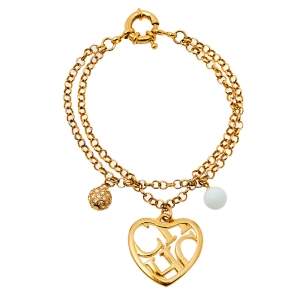 Pre Owned CH Carolina Herrera Logo Heart Charm Double Chain Bracelet