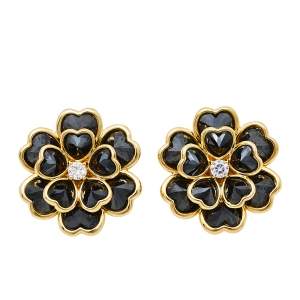 Pre Owned CH Carolina Herrera Black Crystal Floral Stud Earrings