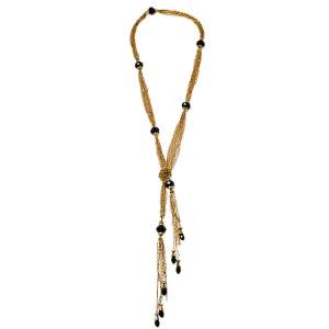 Pre Owned CH Carolina Herrera Black Crystals Gold Tone Multi Chain Lariat Necklace