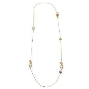 Pre Owned Carolina Herrera Gold Tone Faux Pearl Station Long Necklace