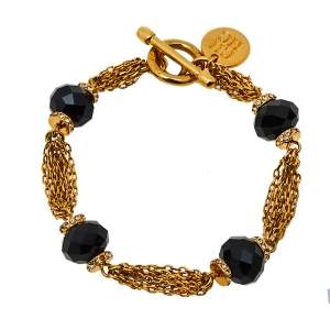 Pre Owned Carolina Herrera Gold Tone Multi Strand Black Beaded Toggle Bracelet