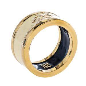 Carolina Herrera Cream Enamel Logo Gold Tone Band Ring Size EU 54.5