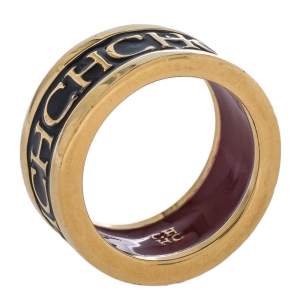 Pre Owned CH Carolina Herrera Black Logo Enamel Gold Tone Band Ring EU 57