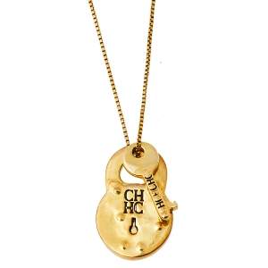 Pre Owned CH Carolina Herrera Vintage Gold Tone Lock & Key Pendant Chain Necklace