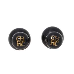 CH Carolina Herrera Black Enamel Gold Tone Stud Earrings