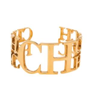 Pre Owned CH Carolina Herrera Logo Gold Tone Open Cuff Bracelet