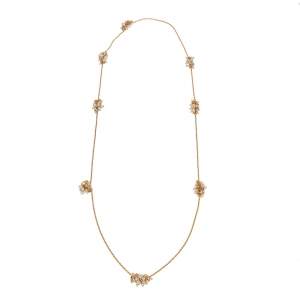 Pre Owned CH Carolina Herrera Faux Pearl & Crystal Embellished Gold Tone Long Station Necklace
