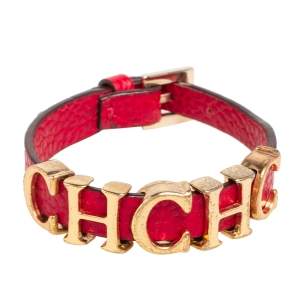 Pre Owned CH Carolina Herrera Red Leather Logo Wrap Bracelet