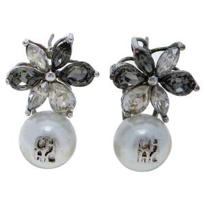Pre Owned CH Carolina Herrera Crystal Jasmine Faux Pearl Drop Earrings