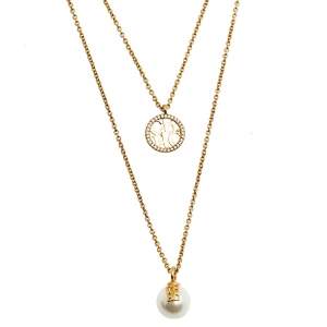 Pre Owned CH Carolina Herrera Gold Tone Faux Pearl & Crystal Embellished Logo Duo Necklace