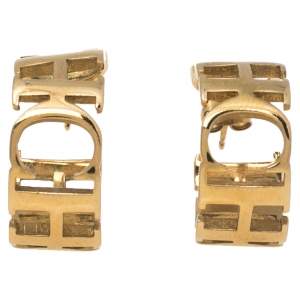 Pre Owned CH Carolina Herrera Logo Gold Tone Hoop Earrings