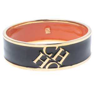Pre Owned CH Carolina Herrera Black Enamel Gold Tone Wide Bangle Bracelet
