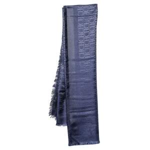 Pre Owned CH Carolina Herrera Blue Monogram Jacquard Silk Wool Scarf