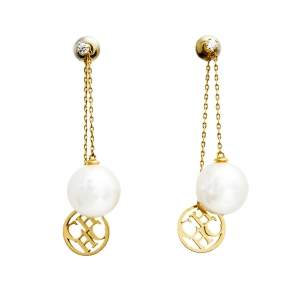 Pre Owned CH Carolina Herrera Gold Tone Logo & Pearl Drop Earrings