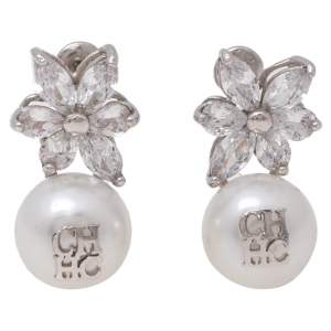 Pre Owned Carolina Herrera Crystal Jasmine Faux Pearl Sterling Silver Drop Earrings
