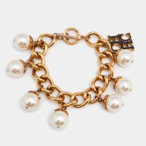 Pre Owned CH Carolina Herrera Faux Pearl Gold Tone Toggle Bracelet
