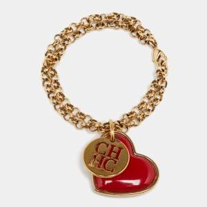 Pre Owned CH Carolina Herrera Heart Charm Gold-Tone Bracelet