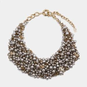Pre Owned CH  Carolina Herrera CH Grey Faux Pearl Crystal Gold Tone Necklace