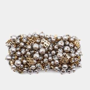 Pre Owned CH  Carolina Herrera CH Grey Faux Pearl Crystals Gold Tone Metal Bracelet