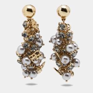 Pre Owned  CH Carolina Herrera CH Grey Faux Pearl Crystal Gold Tone Metal Dangle Earrings