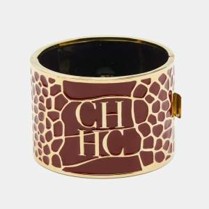 Pre Owned CH Carolina Herrera Red Enamel Logo Wide Cuff Bracelet