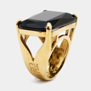 Pre Owned CH Carolina Herrera Opaque Black Faceted Stone Gold Tone Ring Size 55