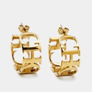 Pre Owned CH Carolina Herrera Logo Heart Gold Tone Hoop Earrings
