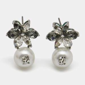 Pre Owned Carolina Herrera Grey Crystal Jasmine Faux Pearl Drop Earrings