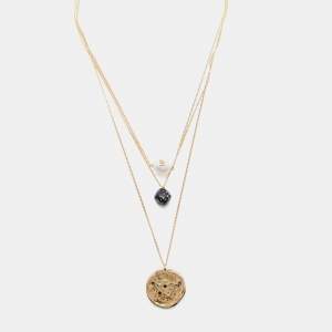 Pre Owned  Carolina Herrera CH Crystals Quartz Faux Pearl Capricon Gold Tone Zodiac Pendant Necklace