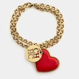Pre Owned CH Carolina Herrera Gold-Tone Red Enamel Heart Charm Bracelet