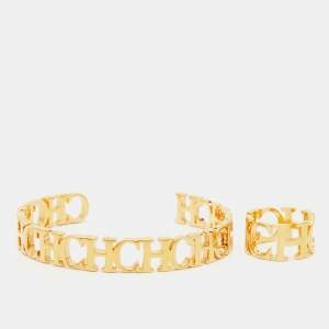 Pre Owned CH Carolina Herrera Gold Tone Between The Line Bracelet & Ring Set