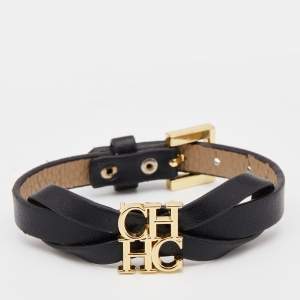 Pre Owned CH Carolina Herrera Black Leather Logo Bow Bracelet
