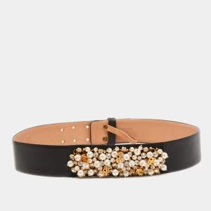 CH Carolina Herrera Black Leather and Suede Pearl Embellished Waist Belt 75CM