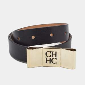 Pre Owned CH Carolina Herrera Black Leather Metal Bow Belt 75CM