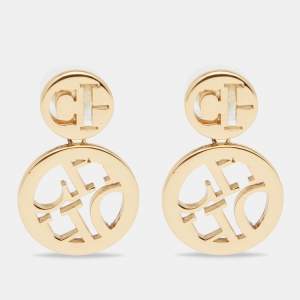 Pre Owned CH Carolina Herrera Gold Tone Logo Initials Dots Drop Earrings