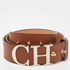 CH Carolina Herrera Brown Leather CH Logo Waist Belt 80 CM