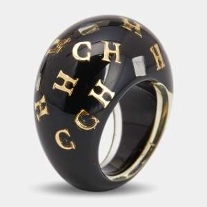 Pre Owned Carolina Herrera CH Black Resin Crystal Gold Tone Ring Size 54.5