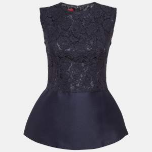 CH Carolina Herrera Blue Lace and Crepe Peplum Top S