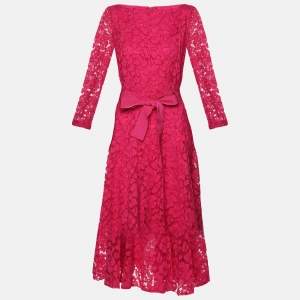 CH Carolina Herrera Pink Floral Lace Belted Midi Dress M