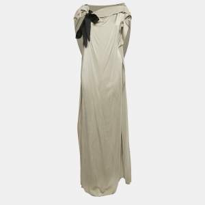Pre Owned CH Carolina Herrera Grey Satin Silk Belted Kaftan Maxi Dress M