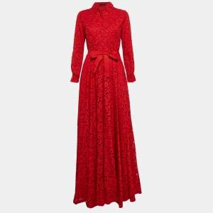 Pre Owned CH Carolina Herrera Red Floral Lace Buttoned Maxi Shirt Dress S
